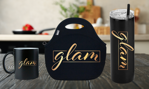 Black/Gold Lunch Bag, Tumbler, & Mug Gift Sets